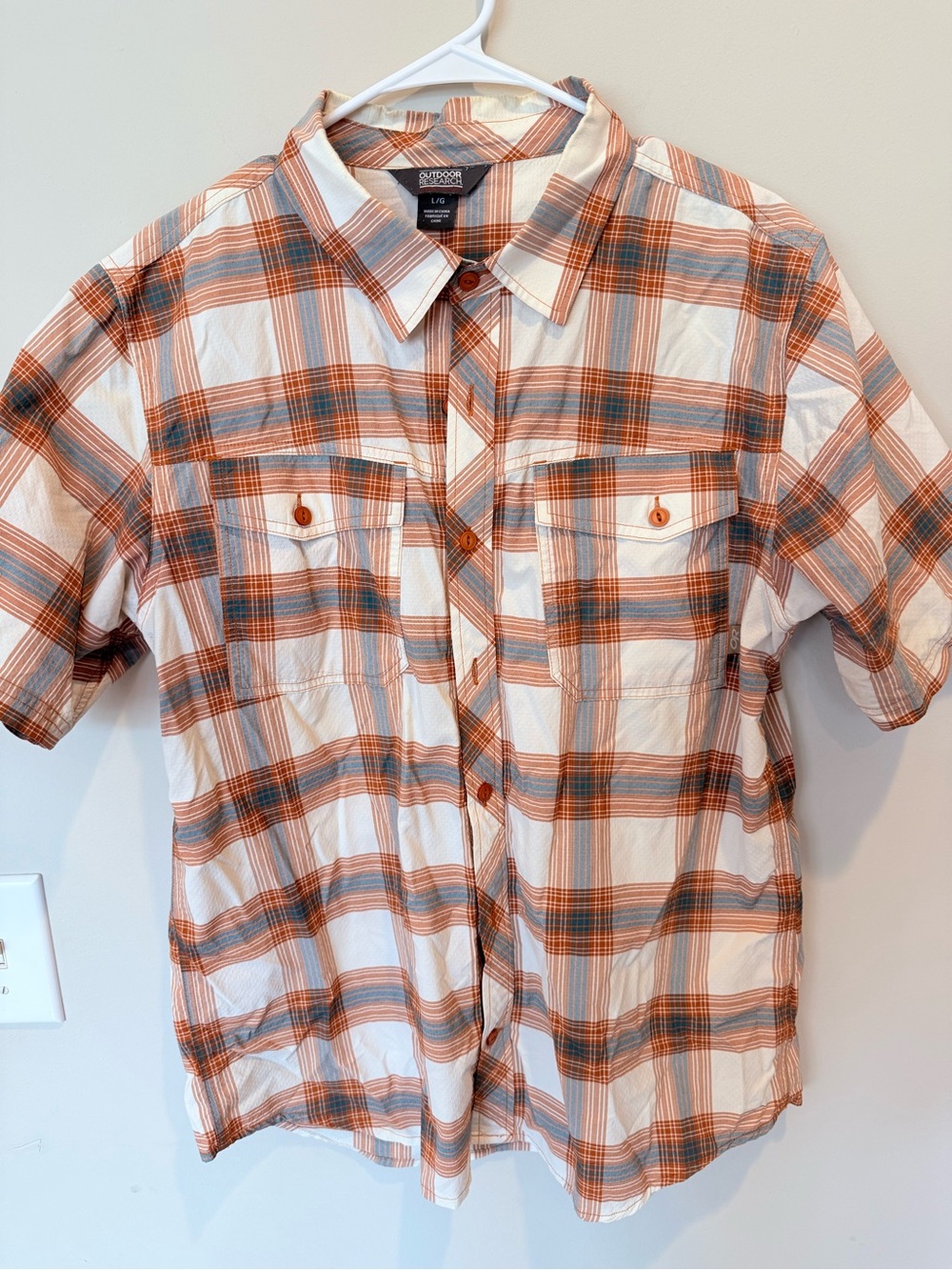 Men's Outdoor Research Orange and Gray Plaid Short-Sleeve Button-Up Shirt